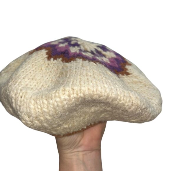 Hand knit plum brown wool Fair Isle design wool beret hat - Picture 3 of 5